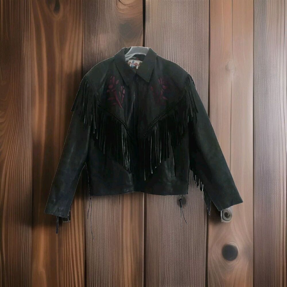 Woman's Chicago Blues Black Biker Jacket W/ Fringe And Purple Roses 80s 90s